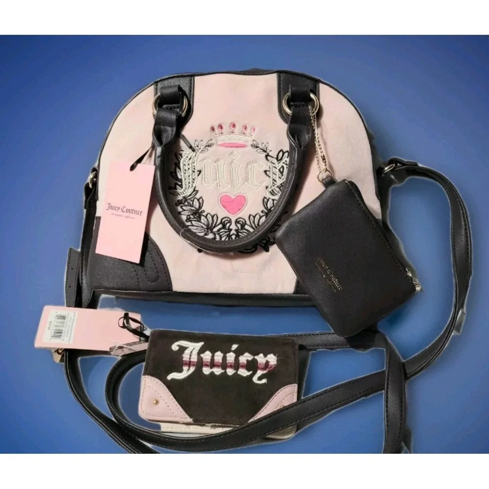 JUICY Couture Heritage Satchel Dome Pink Chocolate Coin Wallet 3 pc Heart